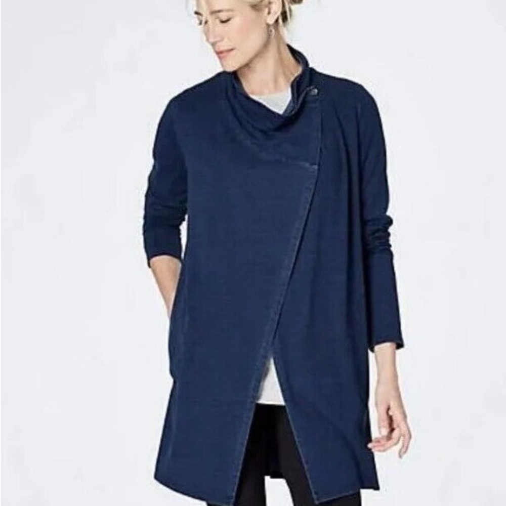J Jill Indigo Ocean Wash Blue Button Crossover Collar Longline Open Cardigan XS